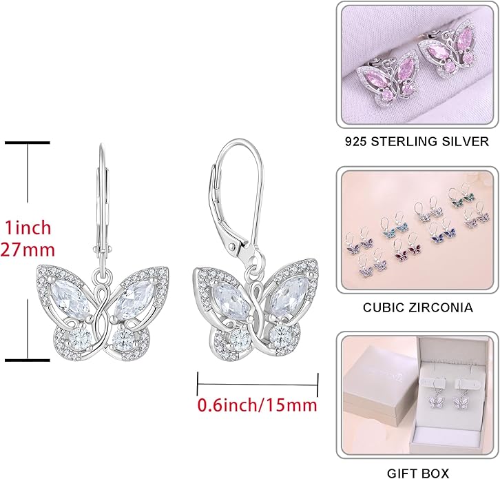 Starchenie Butterfly Earrings for Women 925 Sterling Silver Leverback Earrings Birthstone Butterfly Jewelry Gifts