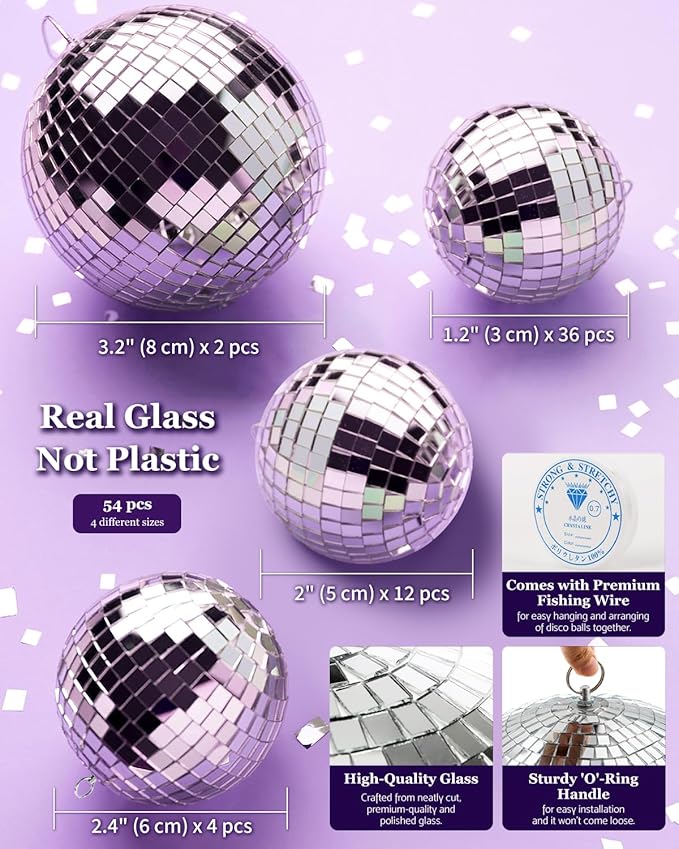 54PCS Mini Silver Disco Balls – Hanging Disco Ball Ornaments for Disco Ball Decor, Mini Disco Balls for Disco Party Decorations, Weddings, Rooms, Cakes & Disco Christmas Decor