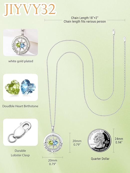 Compass Necklace for Women, Exquisite S925 Valentines Day Anniversary Birthday Gifts for Wife Her Double Birthstone Pendant Jewelry ‘I'd be Lost Without You’