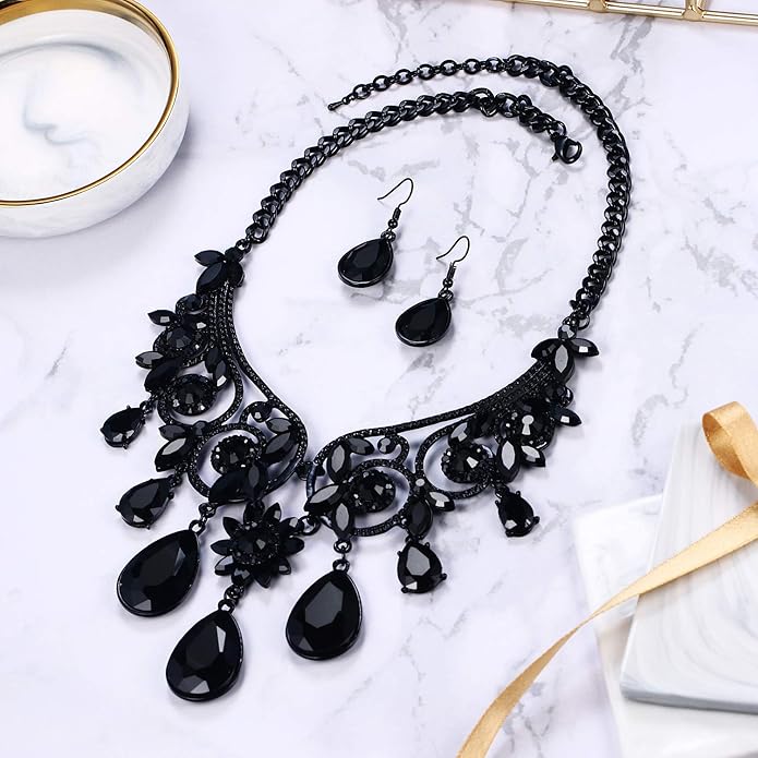 BriLove Women's Tribal Ethnic Crystal Chunky Statement Necklace Dangle Earrings Set