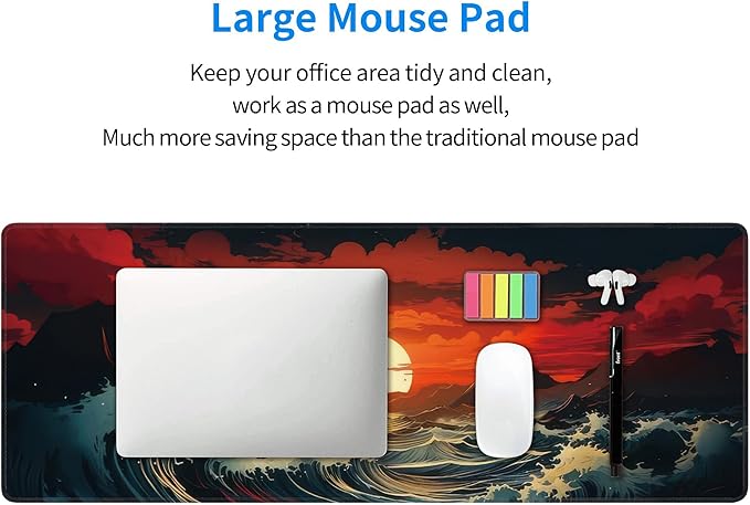 Japanese Sea Wave Large Mouse Pad,Gaming Keyboard Desk Pad,Extended Mouse Mat Non-Slip Rubber Base with Stitched Edges for Office Game Home XL 31.5"x11.8"