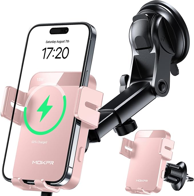 MOKPR Wireless Car Charger, 15W Auto Clamping Car Charger Dash Windshield Air Vent Phone Holder Compatible with iPhone 16 15 14/13/13 Pro/12 pro/12/11/X/8, Samsung S24/S23/S22, Pink