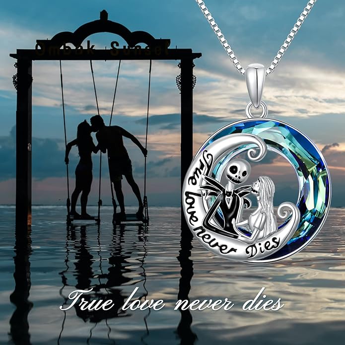 LILALO Nightmare Necklace Sterling Silver Abalone Shell Crystal Jack and Sally Necklace Jack Skellington Skull Jewelry Skull Necklaces for Women
