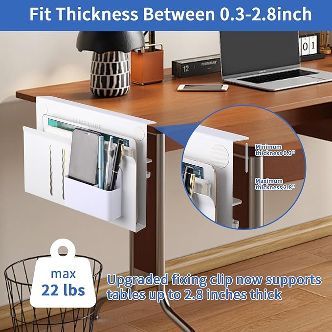 LUKETURE Laptop Holder, Steel Desk Side Storage, No Drill Standing Desk Accessories, Clamp on Laptop Mount with Pen Holder, Fits Flat Edge Tables 0.3" to 2.8" (White, M(1 Tier))