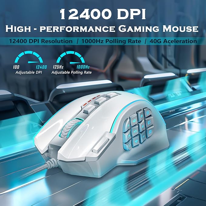 Redragon Gaming Mouse, MMO Gaming Mouse UP 12400 DPI, 19 Macro Programmable Buttons, RGB Mouse with 12 Side Buttons, 8 * 2.4g Weight Tuning for PC Laptop MOBA FPS, White