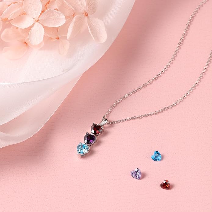 PaulaMax Jewelry Custom Birthstone Necklace for Women in 925 Sterling Silver, Mother's Day Necklace with 1 2 3 4 Heart Birthstones, Personalized and Customized Sterling Silver Chain 18" + 2"
