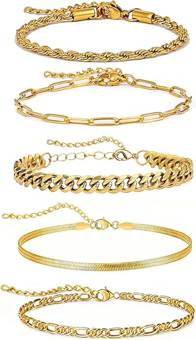18K Gold Plated Bracelet Sets for Women Waterproof - Trendy Thin Dainty Stackable Cuban Link Paperclip Snake Twisted Chain Fashion Jewelry Accessories Gifts for Women