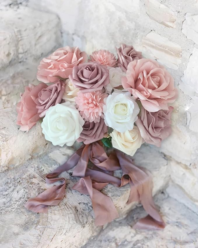 Roses Artificial Flowers Pink Bouquet Combo Box Set Fake Flower Bulk for DIY Bridal Wedding Shower Decorations Centerpieces for Table Faux Floral Arrangement for Party Home Decor Indoor