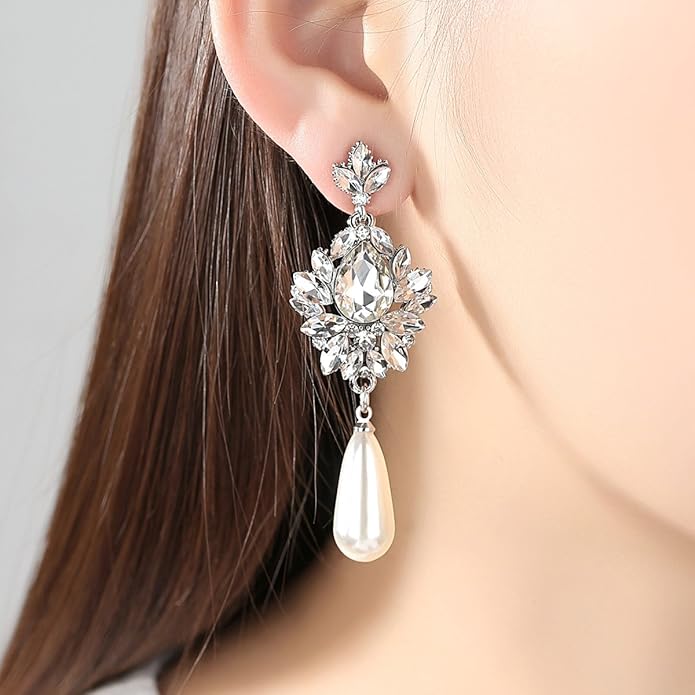 mecresh Flower Teardrop Bridal Wedding Dangle CZ Earrings in Silver/Gold Tone for Women Girl Bride Gift …