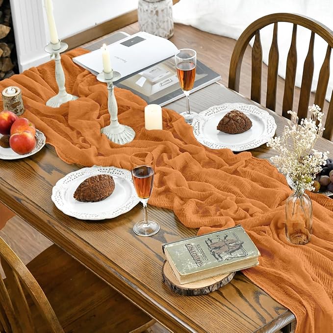 Artoid Mode Boho Cheesecloth Gauze Orange Wedding Table Runner, 120 Inch Seasonal Fall Thanksgiving Fabric Kitchen Dining Holiday Table Decor for Home Party Indoor