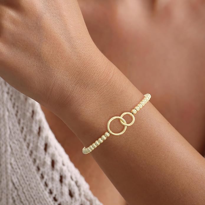 Gold Bracelets for Women 14K Gold Plated Bead Bracelet Hypoallergenic Stretch Bracelets for Women Elastic Bracelet Trendy Teen Gift Dainty Jewelry for Women