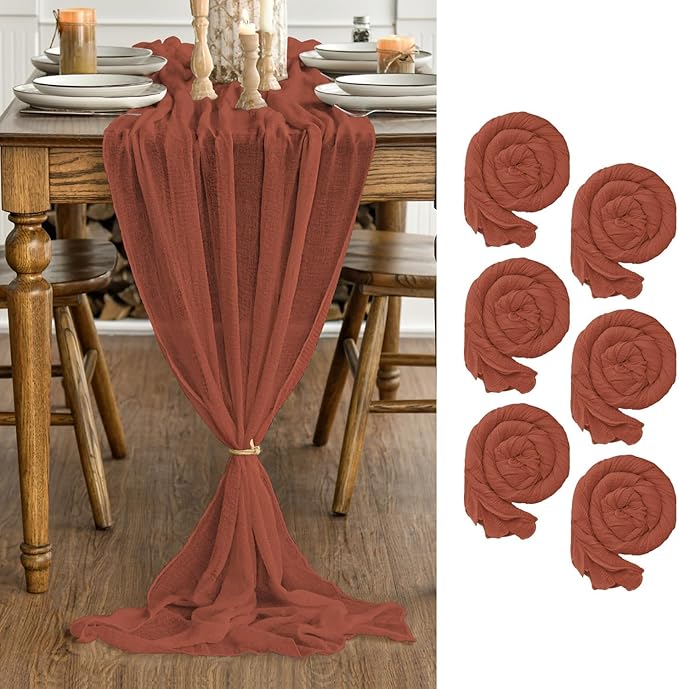 Artoid Mode Boho Terracotta Gauze 6 Pieces Wedding Table Runner, 120 Inch Birthday Fabric Kitchen Dining Holiday Table Decor for Home Party Indoor