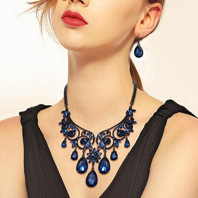 BriLove Women's Tribal Ethnic Crystal Chunky Statement Necklace Dangle Earrings Set