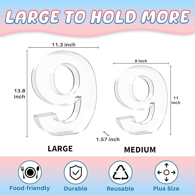 13.8" Extra Large Acrylic Number Charcuterie Board Box, Reusable Fillable Number Cake Candy Dish Display Serving Tray for Birthday Anniversary Party Decoration (9)