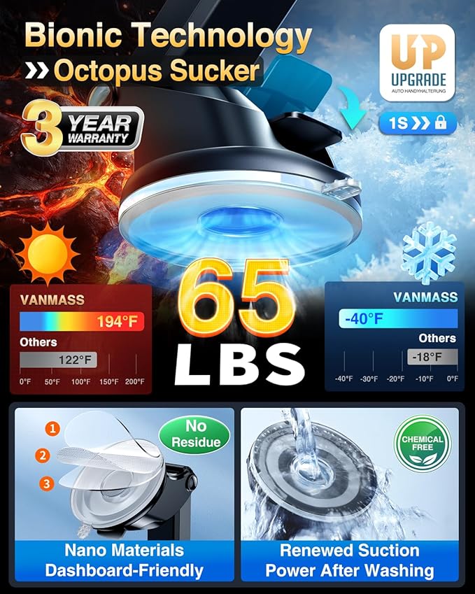VANMASS Car Phone Holder 2025 Military-Grade Phone Holder for Your Car Windshield Dashboard【 65 Lbs Strongest Suction】【Patent & Safety Certs】 Universal Cell Phone Car Mount for iPhone Samsung Android