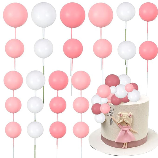 Gyufise 30Pcs Ball Cake Picks Mini Balloons Colorful Ball Shaped Cake Topper Pearl Balls Cupcake Cake Insert Topper for Birthday Party Wedding Decoration Supplies Pink White Rose Red