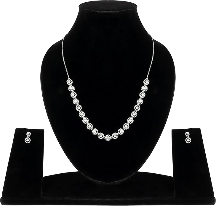 Nilu's Collection American Diamond Stone Studded | Rose Gold/Silver Plated | Anti Tarnish Jewellery Set for Women | Matching Earrings Perfect for Weddings and Special Occasions