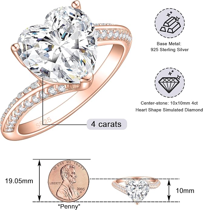 Elspeth 925 Sterling Silver Heart Engagement Ring for Women Heart Cut Cubic Zirconia Promise Ring Size 4-10