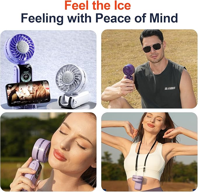 Blows Cold Air Portable Handheld Fan with Stand & Lanyard, 5000mAh USB-C Rechargeable Battery, 12H/5-Speed LED Display Mini Fan for Travel Beach Cruise Concerts Outdoor Events(Fantasy Purple)