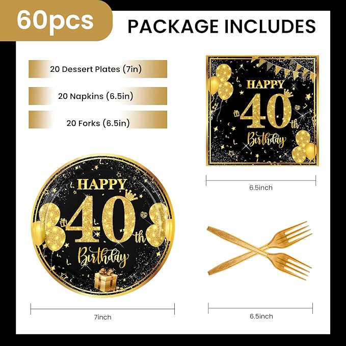 40th 7 inch Birthday Party Paper Plates and Napkins Forks 60 pcs Black Gold Decorations for Boys Girls Tableware Set for Birthday Anniversary Party Supplies,Serve 20