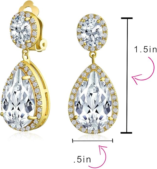 Vintage Style Bridal Cubic Zirconia Simulated Gemstone AAA CZ Halo Dangle Teardrop Chandelier Clip On Earrings For Women Silver Rose Gold Plated in Black Purple Blue Red Rose Pink Green Clear