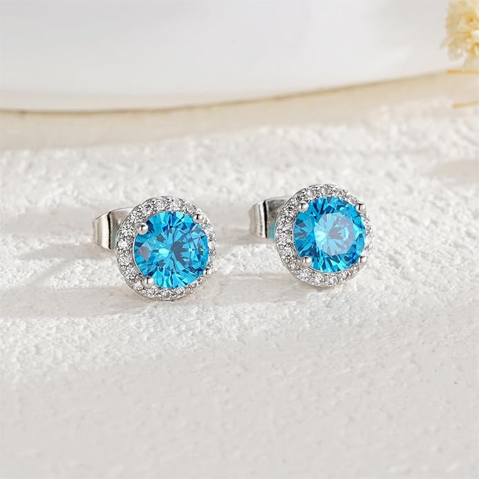 YOMELA Cubic Zirconia Earrings Studs, Halo CZ Birthstone Simulated Diamond Stud Earrings for Women