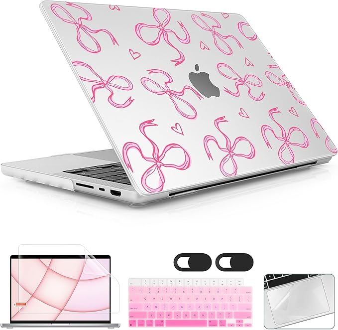 for MacBook Pro 16 inch Case 2021 2022 2023 2024 Release A3186 A3403 M4 A2991 M3 A2780 M2 A2485 M1 Pro/Max, Hard Shell Case with Screen Protector & Keyboard Cover, Pink Bows Heart