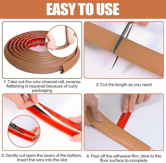 Floor Cord Cover Cavity 0.8"x0.37" Self Adhesive Cord Hider, 10FT Low Profile Cable Management, Extension Strip Protector for Wires, Prevent Cable Trips for Offices, Gyms, Exhibitions（Brown）