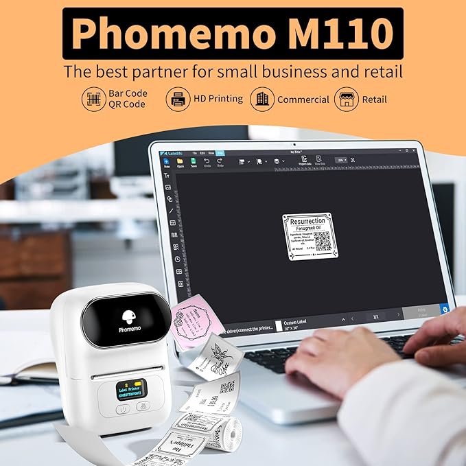 Phomemo M110 Label Makers - Portable Bluetooth Thermal Label Maker Machine,Label Printer for Barcode, Clothing, Jewelry, Retail, Mailing, for Android & iOS, with 1Pack 40×30mm Label, White