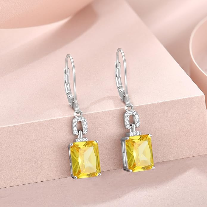 Emerald Cut Earrings 925 Sterling Silver Baguette Birthstone Dangle Drop Leverback Earrings Jewelry Gifts for Women