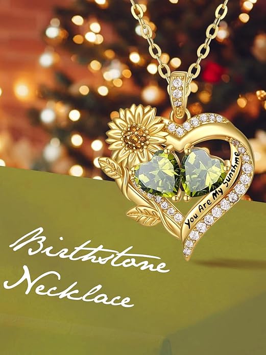 Sunflower Heart Necklace for Women 14K Gold Exquisite Valentines Day Anniversary Birthday Gifts for Wife Mother Her Double Birthstone Pendant Jewelry‘You Are My Sunshine’