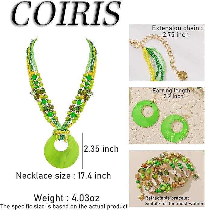 Jewelry Sets for Women 4 Pcs Chunky Beaded Mrs Roper Costume Jewelry for Women Boho Multi Strand Colorful Shell Necklace for Women