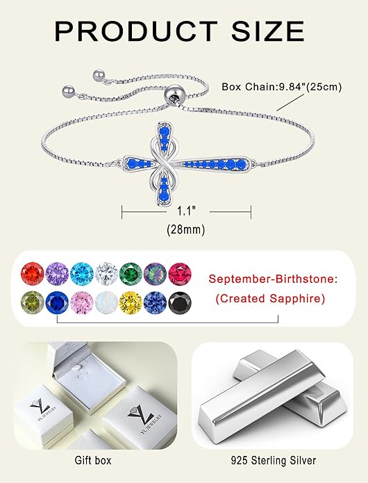 YL Cross Bracelet 925 Sterling Silver Infinity Sideways Link Bracelet Birthstone Jewelry for Women
