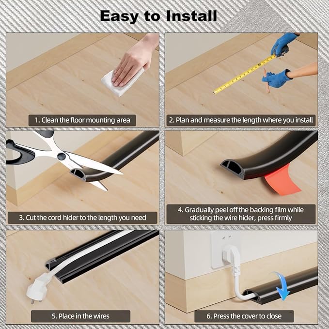 4FT Side-Open Extension Cord Covers for Wires on Floor,Silicone Power Cable Protector Cord Hider Management Strip,Hide Electric Wire on Carpet,Chord Runner Protective Safety Wiremold,Black