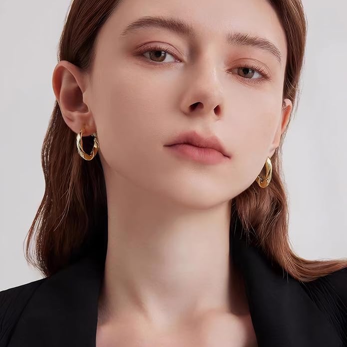 14k Gold Plated Hoop Earrings for Women, 925 Sterling Silver Posts Thick Twist Hypoallergenic Chunky Large Earrings 20mm 30mm 40mm 50mm