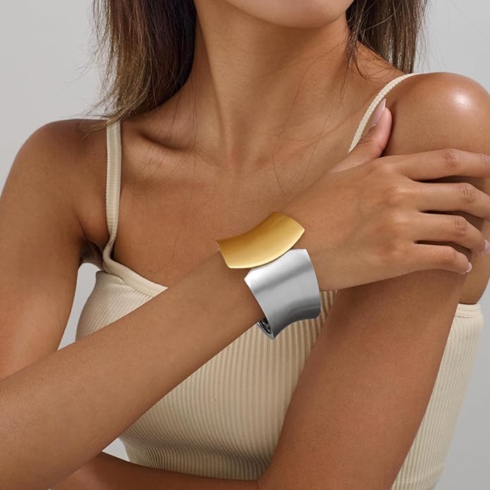 Statement Golden Matte Bracelet for women Minimalist Chunky Brushed Bangle Bracelet Vintage Thick Wide Cuff bracelet Gold Plated Open Cuff Geometric Bracelet