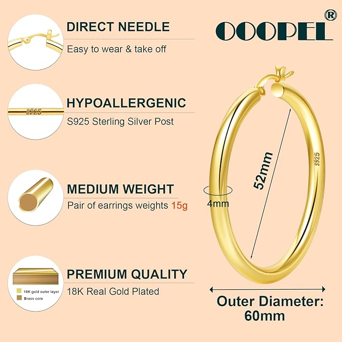 4mm Thick Gold Chunky Earrings Steling Silver Post Hoops Earrings For Women Hollow Tube Hoops Earrings Thick Gold Hoop Earrings Hypoallergenic Lightweight Gold Hoop Large Earrings 20/30/40/50/60MM
