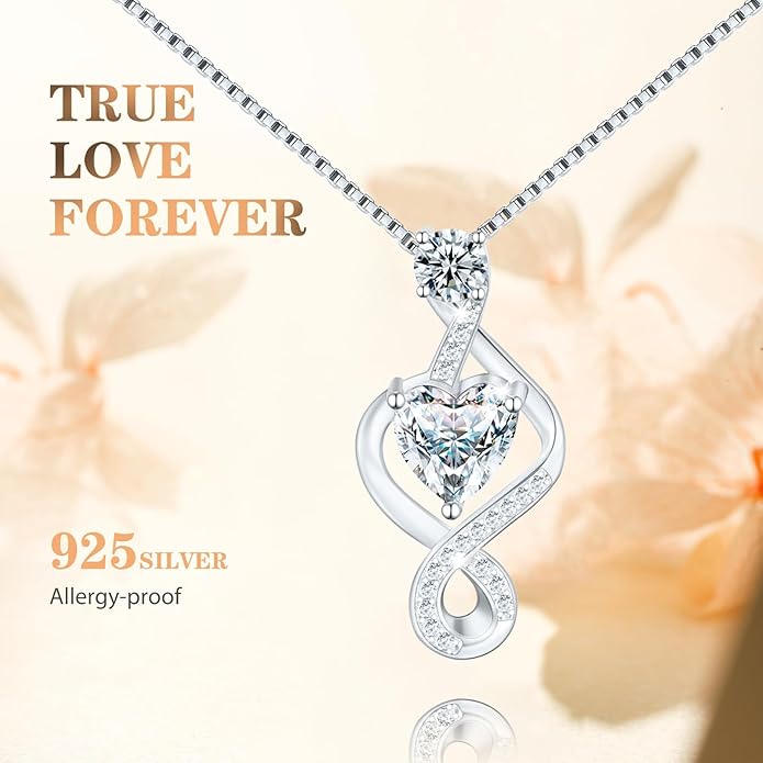 Infinity Necklace for Women, 925 Sterling Silver Heart Necklace with 5A Zircon, White Gold Plated Adjustable Chain, Gift for Valentine's Day, Birthday, Anniversary for Wife, Girlfriend, Mom