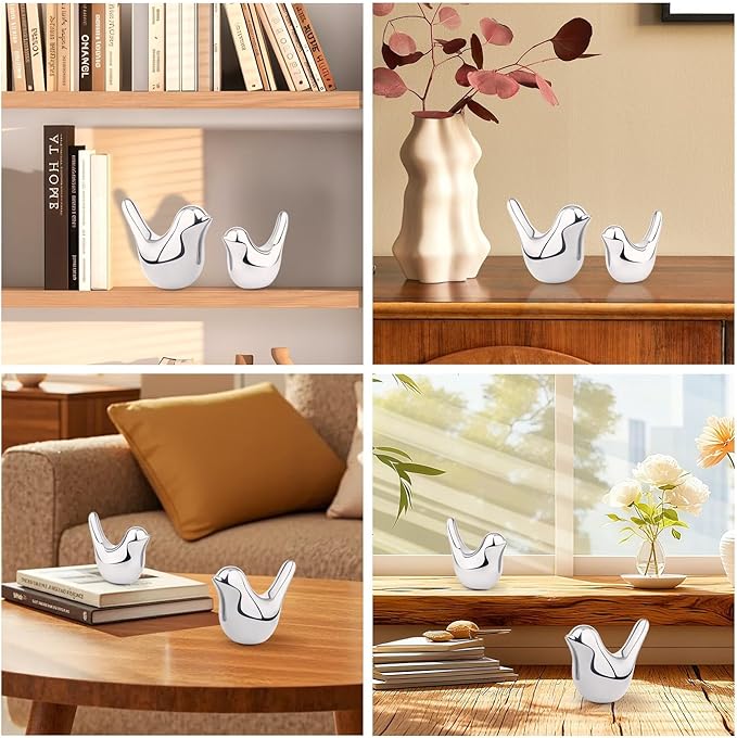 LAIDANLA Small Birds Statues Silver Modern Style Home Decor Birds Small Animal Sculpture for Living Room Office Desktop Shelf Coffee Table Bedroom（2pcs）