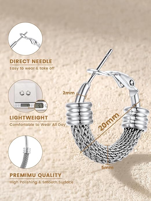 KeyStyle Mesh Hoop Earrings for Women, Stainless Steel Gold Hoops Earring Lightweight Loops, 2MM Thick Hypoallergenic Circle Endless Hollow Hoop 20mm-80mm