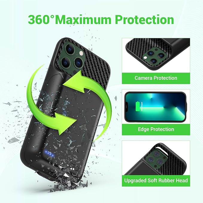 13800mAh High Capacity Battery Case for iPhone 14, for iPhone 13, 13 Pro (6.1 inch), 2025 Upgraded Battery Pack Rechargeable Charger External Charging Case w/Tempered Glass Screen Protector Black