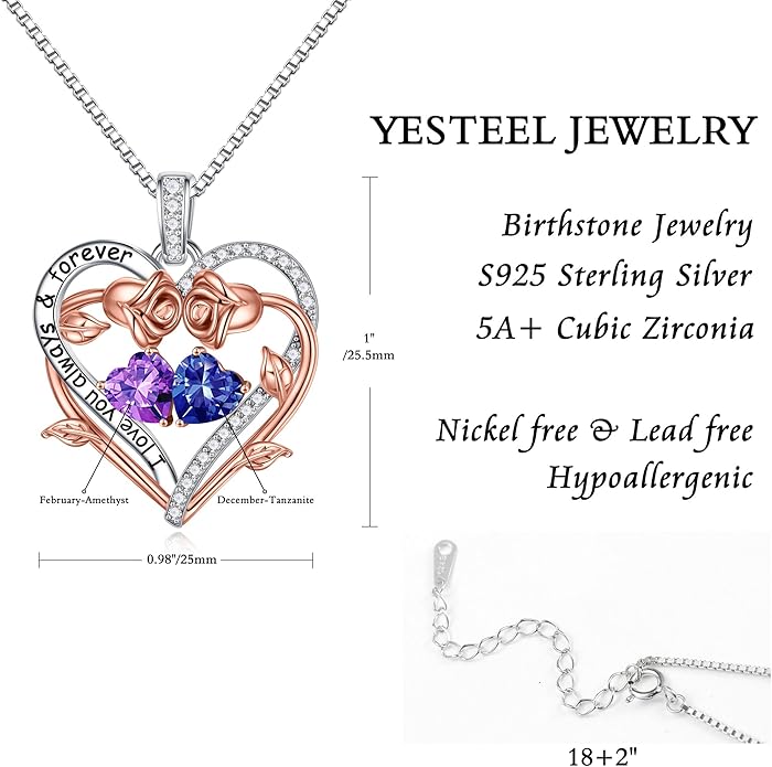 Iefil Valentines Gifts for Her Wife Women - Rose Heart Double Birthstone Necklace Gift for Wife Girlfriend Her Women, Birthstone Jewelry Gemstone Birthday Gifts for Mom Grandma Her