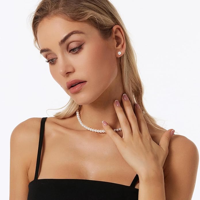 Zeffy Gold Pearl Necklace for Women, Dainty 14K Gold/Silve Plated Layered Pearl Choker Pearl Earrings Pearl Bracelets Wedding Trendy Gold Jewelry Set for Women Gifts