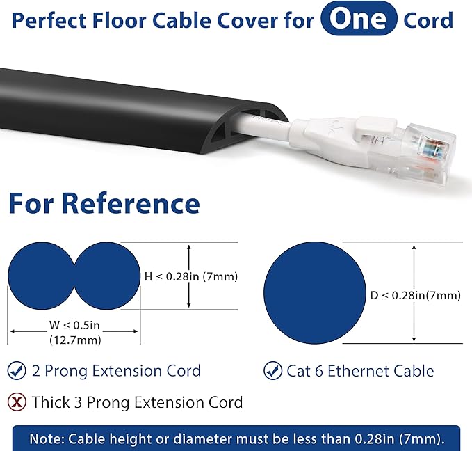 Floor Cord Cover 10ft, Cord Hider Floor Black, Floor Cable Management Prevent Cable Trips, Floor Cable Cover Wire Covers for Electric Power Cords, Cord Protector Cord Cavity W0.47in x H0.28in