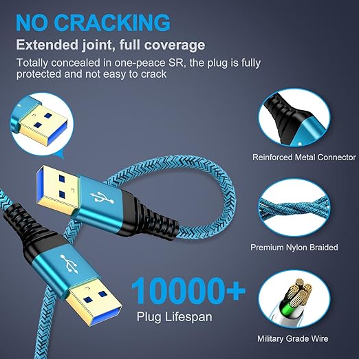 USB to USB Cable 10 FT, 2Pack Extra Long USB3.0 Male to Male Type A to A Double Side USBCord for Data Transfer,Hard Drive Enclosures,Computer PC Cooling Pad/Fan,Laptop Cooler,DVD Player,TV,Hub,Printer