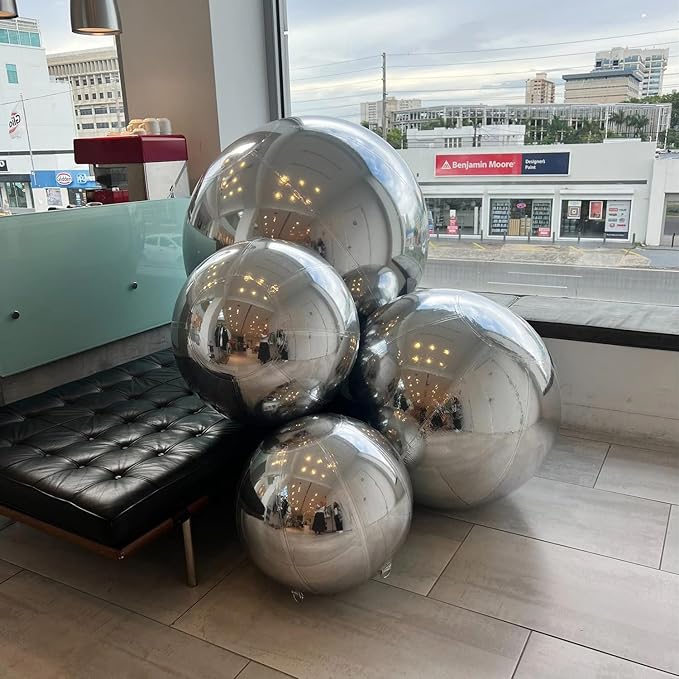 Inflatable Mirror Ball,Silver & Gold & Iridescent Giant Mirror Balloon,Big Shinny Balls,Reusable PVC Hanging Disco Sphere For Party & Wedding & Event Decoration (Silver, 32in 2.6ft 0.8m)