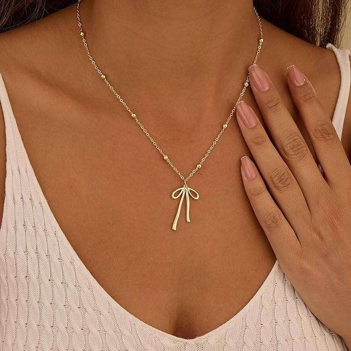 Valentines Day Gifts for Her - Dainty Bow Necklace for Women 14K Gold Plated Cute Choker Small Pendant Charm Necklaces Teen Gift Trendy Stuff Personalized Jewelry