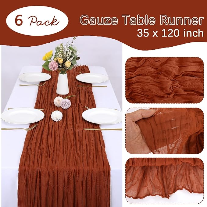 6 Pack Fall Table Runner Terracotta Cheesecloth 10FT Boho Gauze Fabric Burnt Orange Table Runner 35 x 120 Inch Rustic for Thanksgiving Wedding Decor Baby Shower Party Boho Decoration