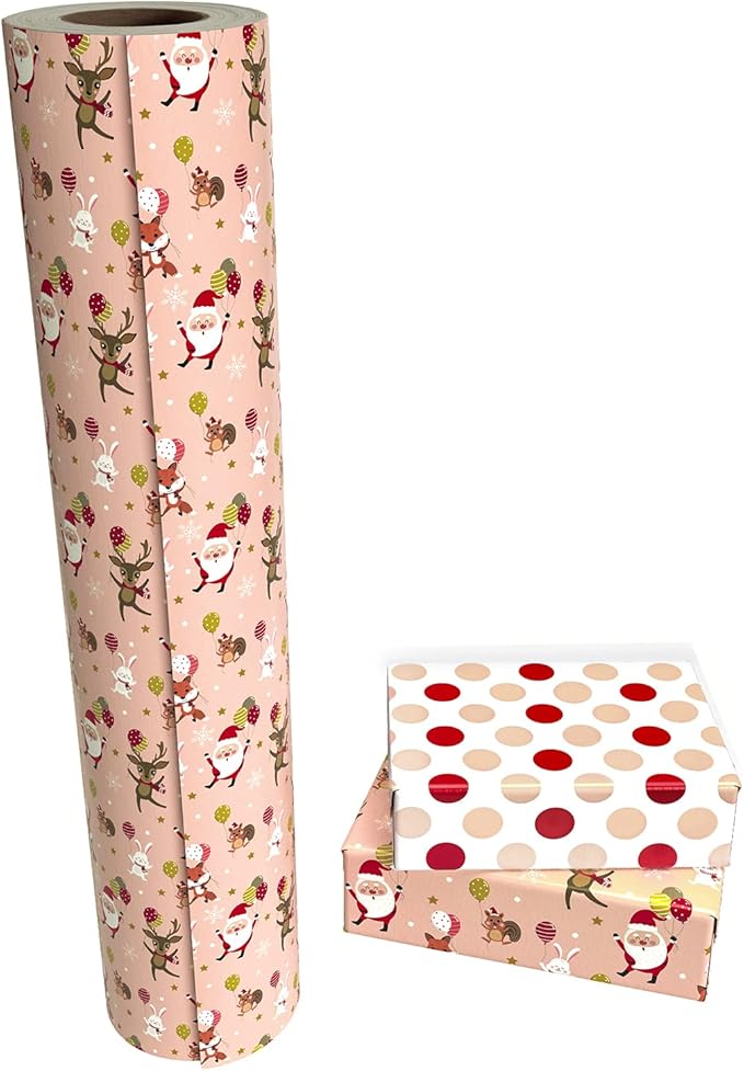 WRAPAHOLIC 30 Inch Jumbo Reversible Christmas Wrapping Paper - 30 Inch x 100 Feet Jumbo Roll Red and Pink Dancing Santa Claus Reindeer and Colorful Polka Dots Design for Christmas, Holiday, Party
