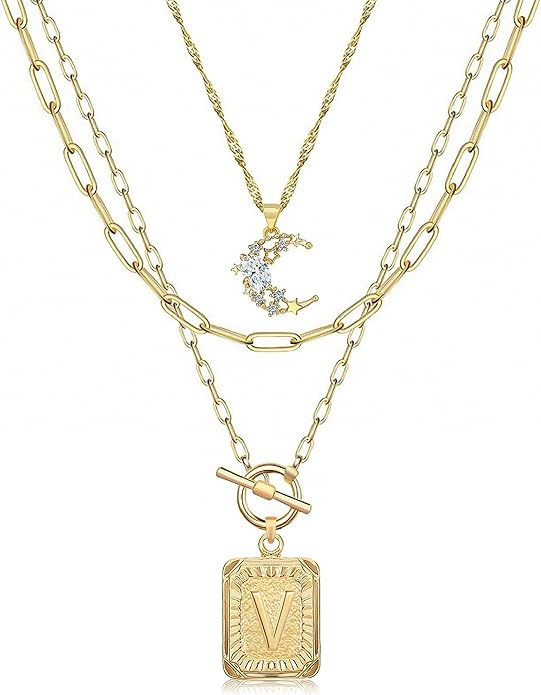 MJartoria Layered Initial Necklaces for Women Trendy, 14K Gold Plated Brass Simple Moon Choker Square Letter Pendant Necklace, Paperclip Chain Necklaces Jewelry Gifts